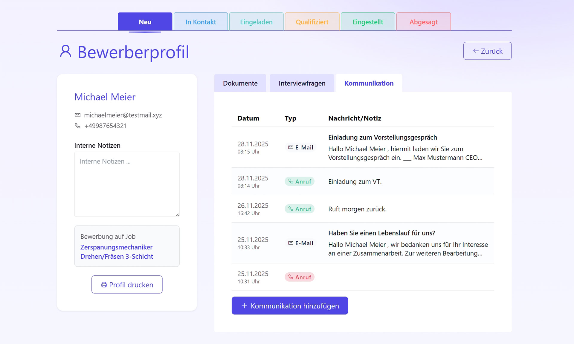 Produkt-Screenshot augsburg.jobs: Bewerberprofil/Kommunikation